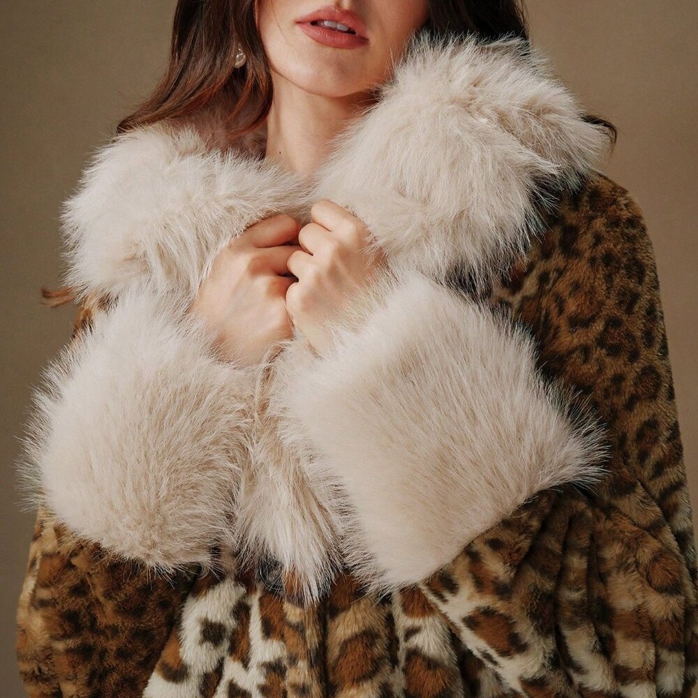 Brown Casual Women's Faux Fur Leopard Print Trim A-Line Waist Long Women's Coat - Picture 2 of 5